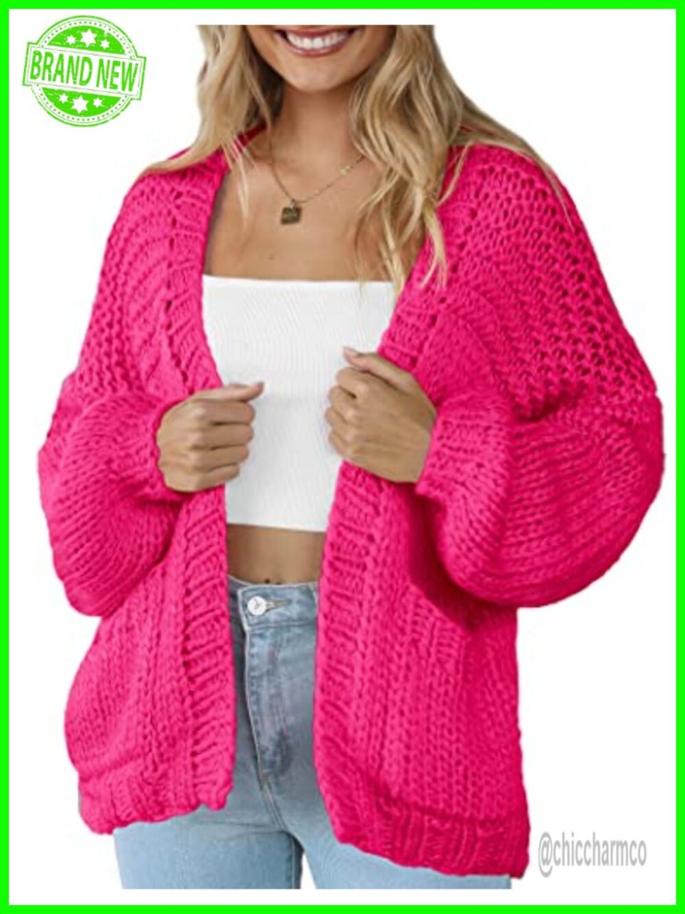 Women's Open Front Cable Knit Cardigan with Pockets Loose Fit Long Sleeve